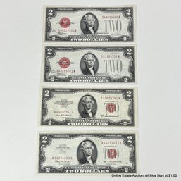 4 Ungraded U.S. Red Seal $2 Bank Notes Series 1928 F, 1953 A, And 1963