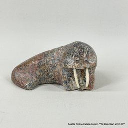 Vintage 4' Inuit Carved Soapstone Walrus Signed Hanaka 15