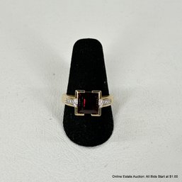 14K Gold Ring With Garnet And Side Diamonds 6 Grams Total Weight