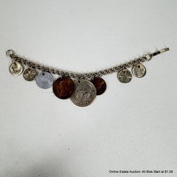 Charm Bracelet With Coins From Around The World Including India, Austria, South Africa, Mexico