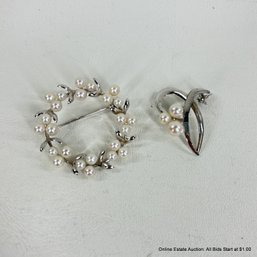 Faux Pearl And Silver Metal Brooch Pins