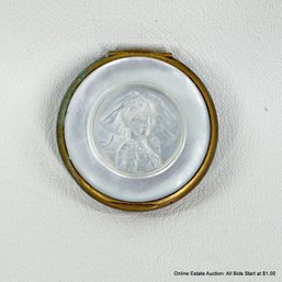 Antique Carved Mother Of Pearl And Brass Mirrored Compact With Powder Puff