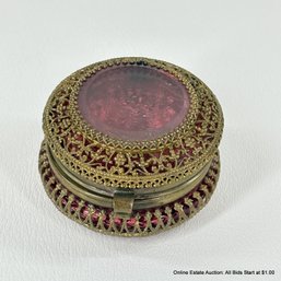 Antique Cranberry Glass Trinket Box With Pierced Goldtone Lace Design