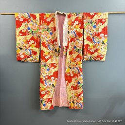 Vintage Japanese Printed Silk Kimono Robe With Cotton Lining