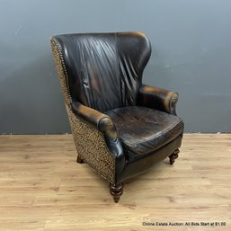 Thomasville Wing Back Leather Chair With Brass Tack Detail And Animal Print On Back (LOCAL PICK UP ONLY)