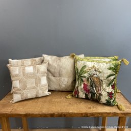 Five Assorted Cow-Hide And Velour Decorative Throw Pillows