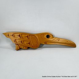 Claude Nolin B.C. Canada Signed Yellow Cedar Wood Carving Titled Raven With Stone Eye