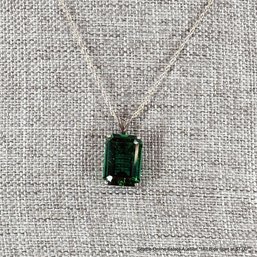 Emerald-Cut Green Glass Stone Pendant On Sterling Silver Chain 3 Grams Total Weight