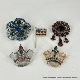 5 Vintage Costume Jewelry Rhinestone Brooch Pins Including Trifari