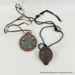 Ceramic Ocarina With Fish Design And Stamped Clay Pendant On Leather Cord Necklace