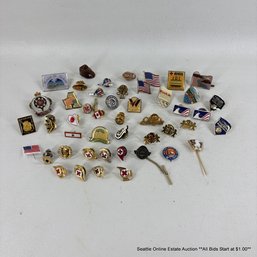 Lot Of Assorted Collectible Pins Incl. New Zealand Fire Service, Blood Donor Pins, U.S. Flag, NY World Fair