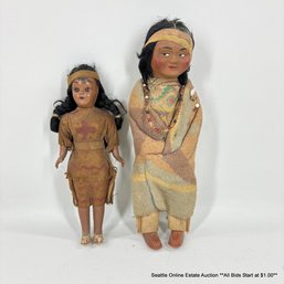 Pair Of Vintage Native American Dolls Incl. Skookum Doll With Wool Blanket And Bully Good Stamp