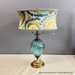 Kinzig Design Double-Bulb Pull-Cord Table Lamp With Turquoise Blown Glass And Brass And Fabric Shade
