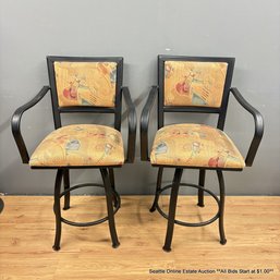 Pair Of Tempo Industries Upholstered Coated Iron Swivel Counter Height Barstools With Arms (LOCAL PICKUP ONLY)