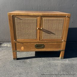Milling Road Furniture Campaign Style Teak End Table With Woven Brass Doors And Accents (LOCAL PICKUP ONLY)