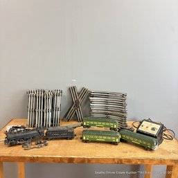 Vintage Lionel Train Set With Track, Locomotive, Caboose, 3 Cars, And Controller Approximately 1:48 Scale
