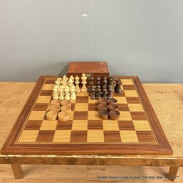 Mixed Wood Chessboard With Chess And Checkerboard Pieces