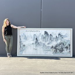 Oversized Chinese Watercolor Painting On Paper In 98.5' X 51' Frame (LOCAL PICK UP ONLY)