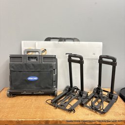 3 Assorted Folding Rolling Carts And 2 Large Dekko Art Folders