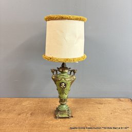 Antique Neoclassical Style Painted Brass Table Lamp With Fringed Shade As Is Condition (LOCAL PICK UP ONLY)