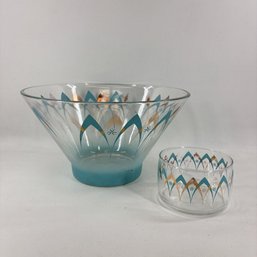 MCM Anchor Hocking Serving Bowl And Candy Dish With Gold And Teal Atomic Boomerang Pattern