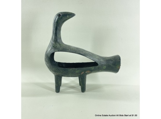 Modernist Japanese Cast Iron Bird Sculpture Bird With Incised Design, Circa 1950s