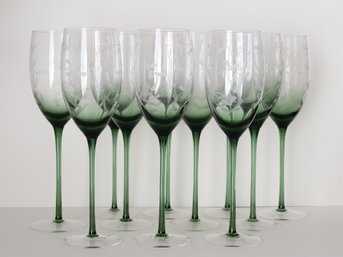 11 Vtg Etched Green Stem Wine Glasses