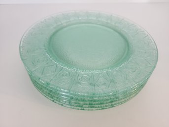 Set Of 6 Vtg Green Pressed Glass Plates