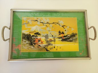 Vtg Art Deco Asian Motif Glass Inlay Tray