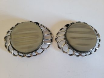 Vtg Musi Silvertone Filigree Shiny Black Button Shoe Clips