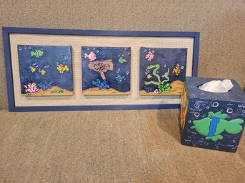 Under Water 3 Section Framed Canvas Painting And A Decorative Tissue Holder
