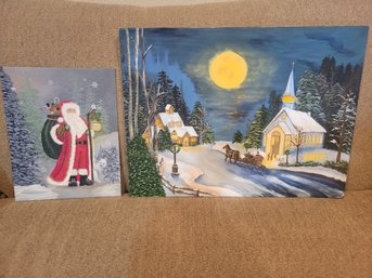 Country Winter Scene Painting On Canvas And A Winter Santa Painting