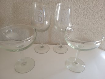 2 Long Stem Wine Glasses And 2 Martini Glasses