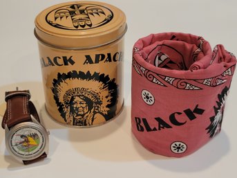 Vintage Black Apache Tin, Scarf And Wrist Watch