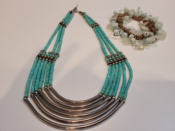 Turquoise And Silvertone Necklace And Light Green Crystal Bracelet