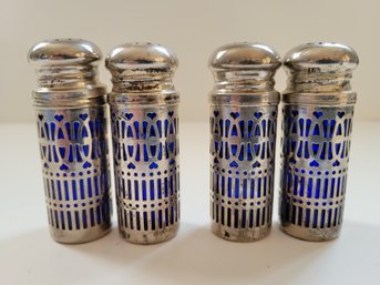 2 Vtg Silver Plated With Cobalt Blue Glass Insert Salt And Pepper Shakers