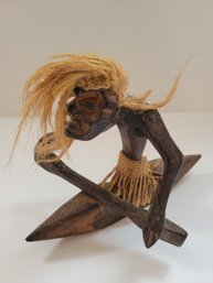 Vtg Hand Carved Wooden Kayaker Tiki Man