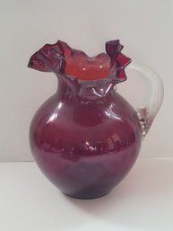 Red Ruffled Inverted Thumbprint Blown Glass Water Pitcher