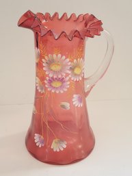 Vtg Cranberry Glass Pitcher With Handpainted Floral Design