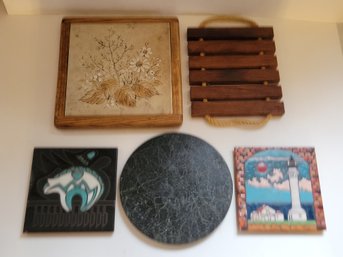Assorted Wood Tile And Marble Trivet Lot
