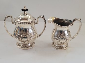 Antique Silver Plated Hand Chased Creamer And Sugar Bowl