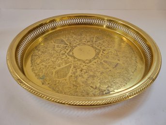 Vtg Brass Round Etched Serving Tray