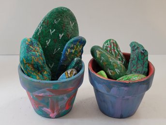 2 Handpainted Rock Cacti In Clay Pots