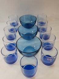 14 Blue Glass Bowls And Tumblers