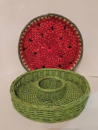2 Vtg Straw Serving Trays Baskets