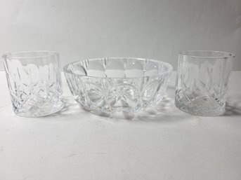 2 Cut Glass Old Fashion Rocks Glasses And A Cut Glass Bowl