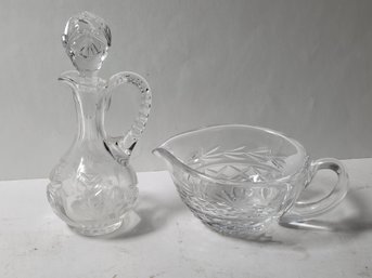 Cut Glass Cruet And Gravy Bowl