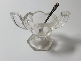 Vtg Glass Open Salt Cellar With Sterling Salt Spoon