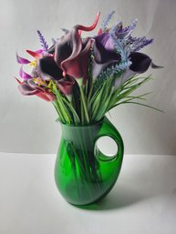 Hand Blown Green Glass Pitcher Style Vase With Artificial Flowers