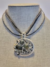 Silvertone And Black Faceted Stone Pendant Necklace